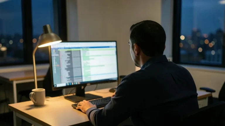 Responsabile IT di spalle che controlla righe di log su un monitor in un ufficio la sera, con lampada da scrivania e finestre sulla città illuminata