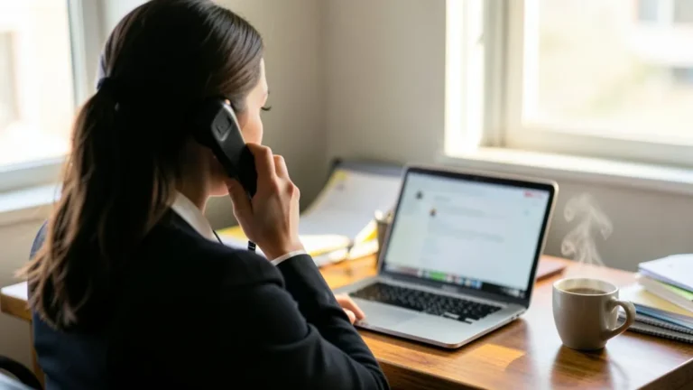 Impiegata di spalle al telefono mentre controlla un messaggio di posta sul portatile, in un ufficio con luce naturale