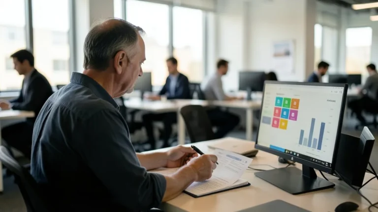 Responsabile IT in un open space controlla sul monitor le applicazioni aziendali e un grafico dei costi