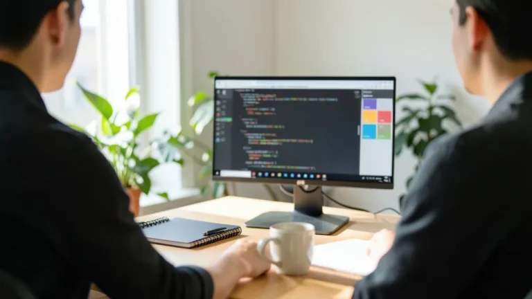 Due colleghi di spalle davanti a un monitor con codice e riquadri colorati in una pagina laterale, in un ufficio luminoso con piante