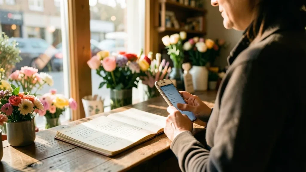 Titolare di un negozio di fiori risponde ai messaggi dei clienti dallo smartphone dietro al banco
