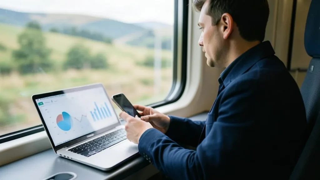 Uomo in giacca blu seduto in treno controlla lo smartphone accanto a un portatile con grafici di vendita