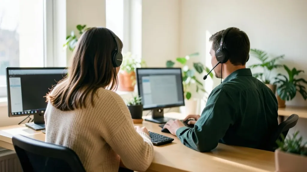 Due operatori del servizio clienti con cuffie e microfono lavorano a una scrivania con monitor in un piccolo ufficio luminoso