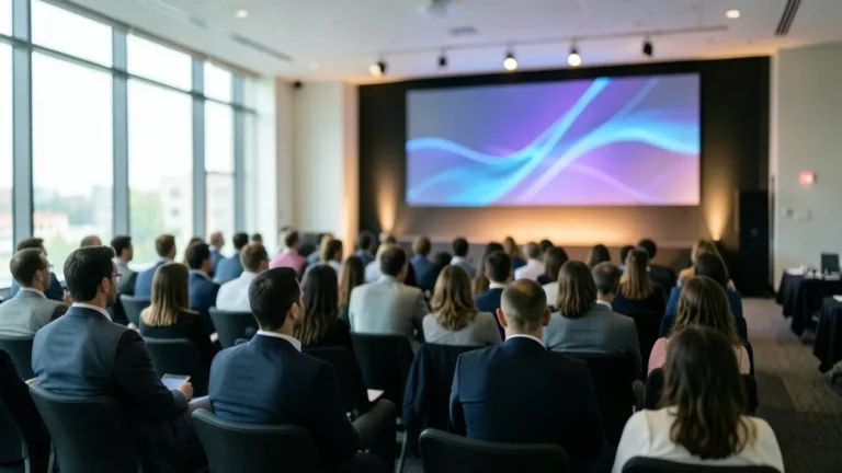 Pubblico di spalle in una sala conferenze che guarda un grande schermo con forme astratte blu e viola