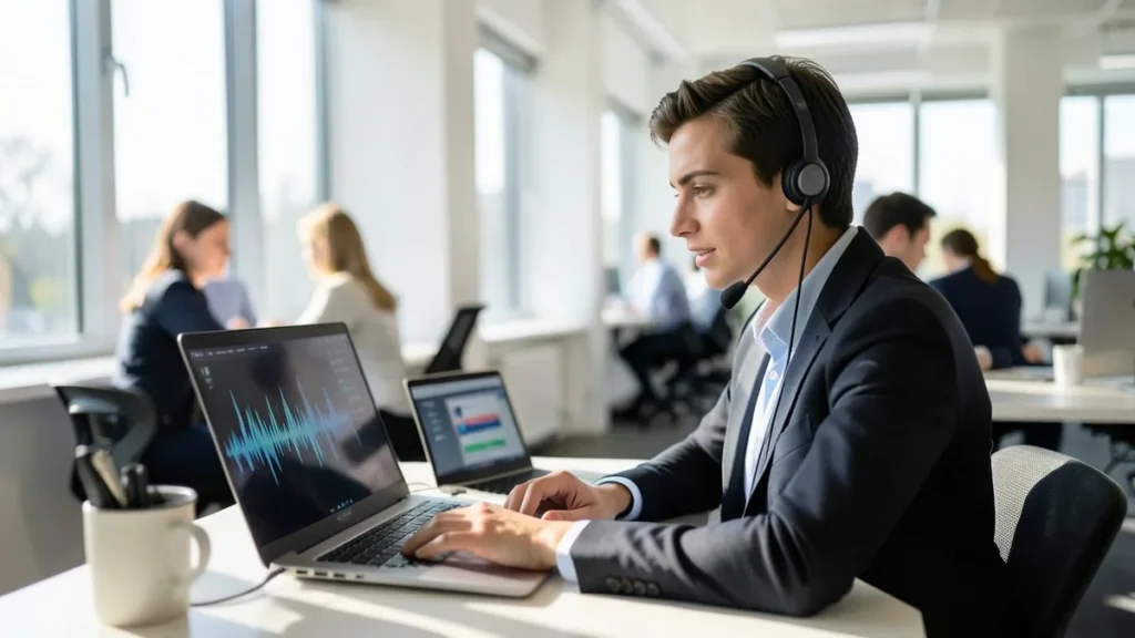 Addetto alle vendite con cuffie e microfono al lavoro su un laptop con forma d'onda audio in un ufficio luminoso
