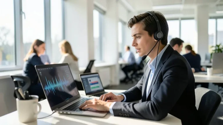 Addetto alle vendite con cuffie e microfono al lavoro su un laptop con forma d'onda audio in un ufficio luminoso
