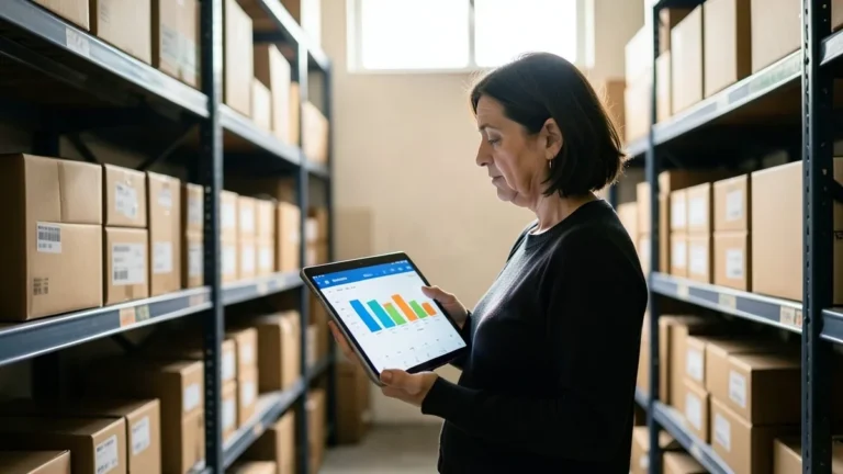 Donna in un piccolo magazzino tra scaffali di scatole consulta un grafico a barre su un tablet