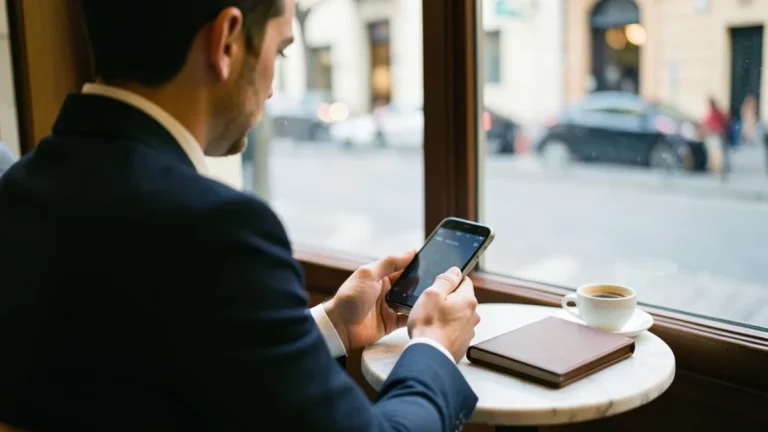 Commerciale in giacca blu seduto al tavolino di marmo di un bar che consulta lo smartphone accanto a una tazzina di caffè e a un'agenda in pelle