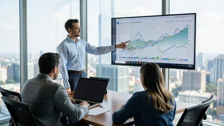 Riunione in una sala con vetrate: un analista indica i grafici dei dati su un grande monitor davanti a due colleghi