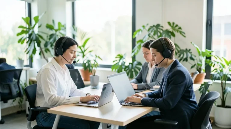 Due operatori di assistenza clienti con cuffie lavorano al portatile in un ufficio luminoso con piante