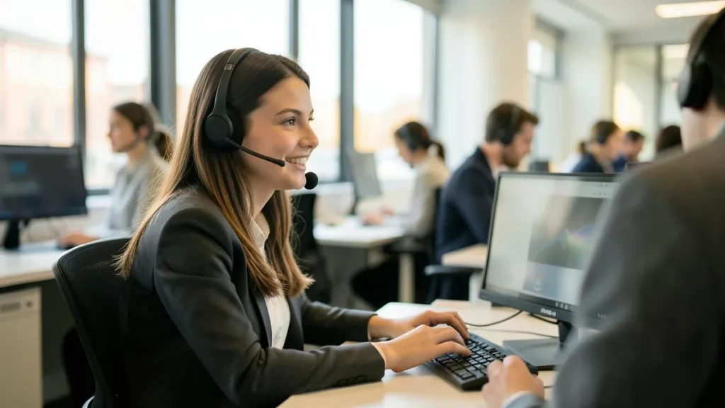 Operatrice con cuffie e microfono sorride mentre parla con un cliente in un contact center luminoso