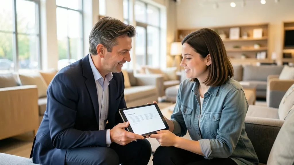Consulente di vendita mostra un preventivo su tablet a una cliente in uno showroom di arredamento