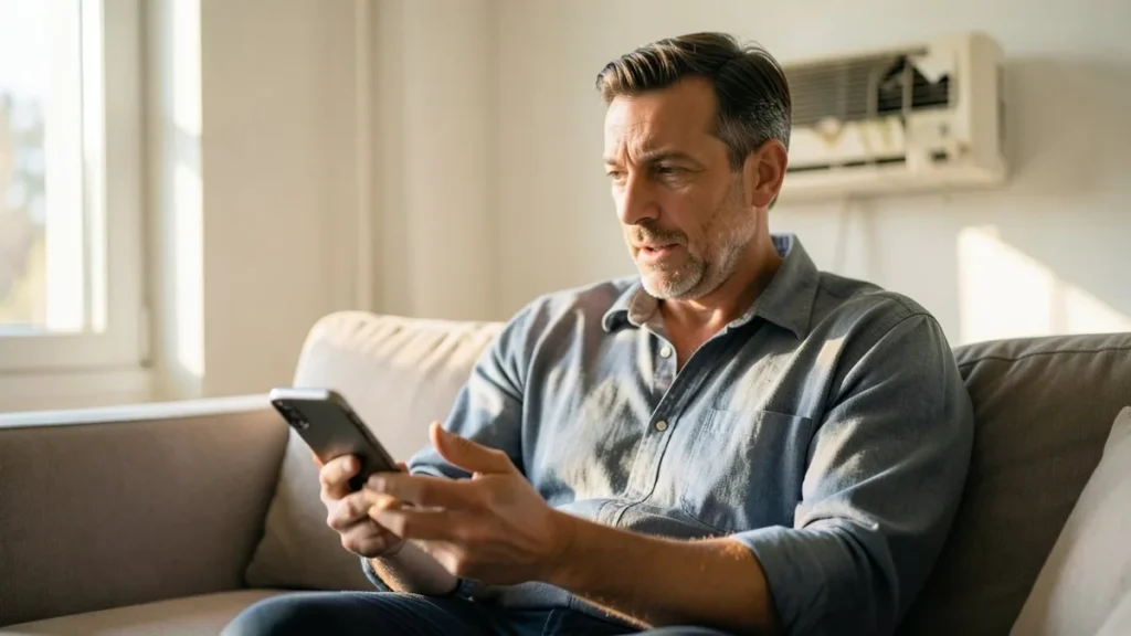 Uomo seduto sul divano di casa che parla con l'assistente vocale dello smartphone, con un condizionatore guasto alla parete