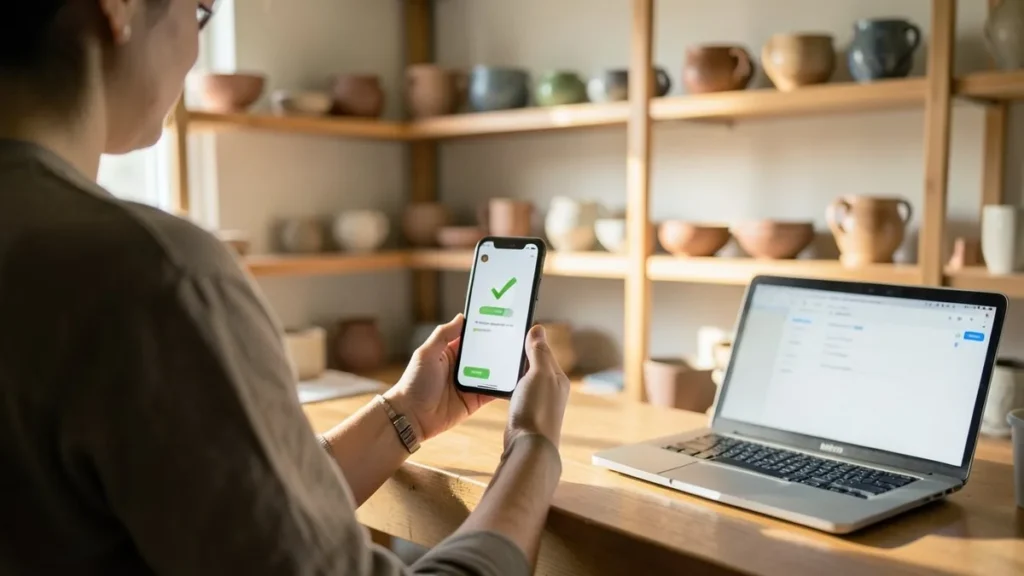 Titolare di un negozio di ceramiche controlla sullo smartphone un pagamento riuscito, accanto al portatile sul bancone