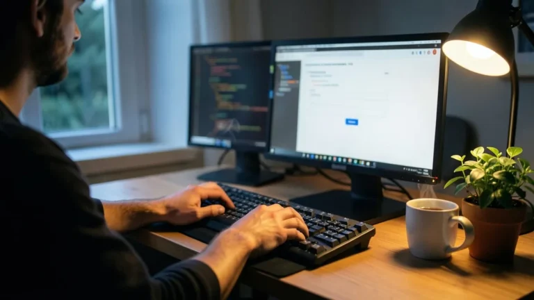Sviluppatore alla scrivania con due monitor, uno con il codice e uno con un modulo web di contatto